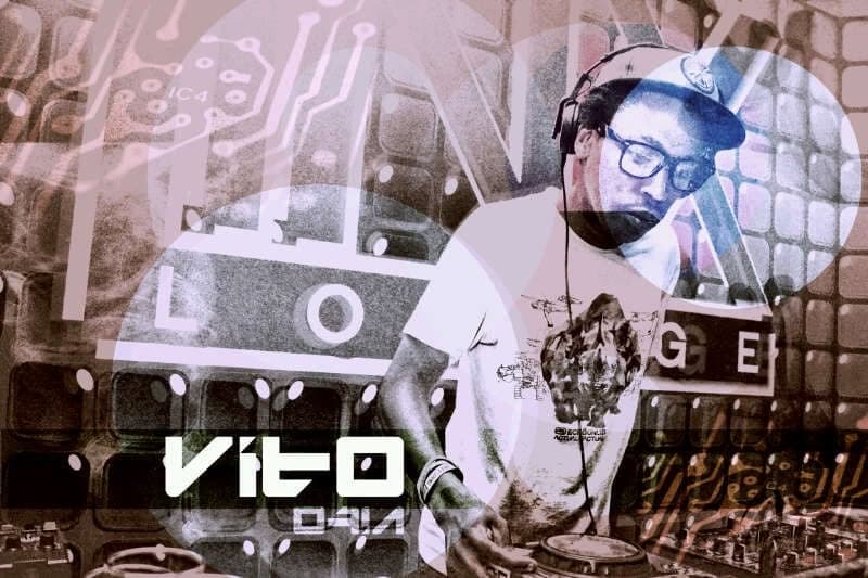 A stylised promo graphic of a DJ in glasses and a white t-shirt overlaid with circuit-board patterns and the name "Vito".